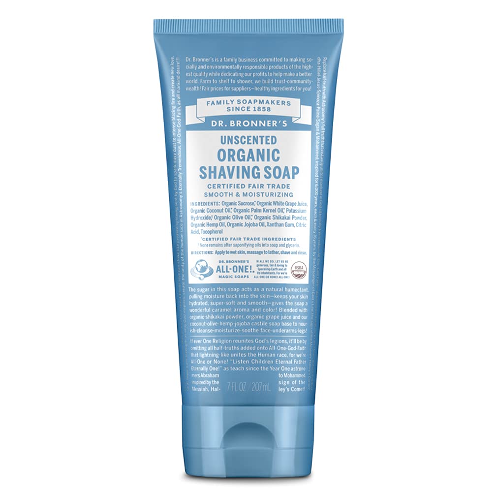 Dr. Bronner's - Organic Shaving Soap (Unscented, 7 Ounce) - Certified Organic, Sugar and Shikakai Powder, Soothes and Moisturizes for Close Comfortable Shave, Use on Face, Underarms and Legs